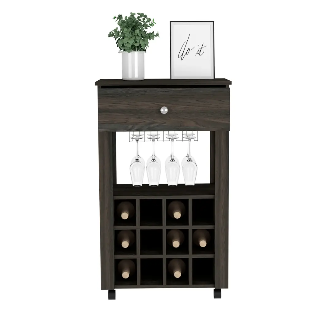 Bar Shopping Basket Bayamon Twelve Wine Cubbies Four Legs Carbon Espresso Finish treevol furniture
