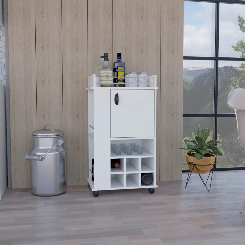 Fargo Bar Shopping Basket Cabinet 6 Built Wine Rack And Casters White tuhome