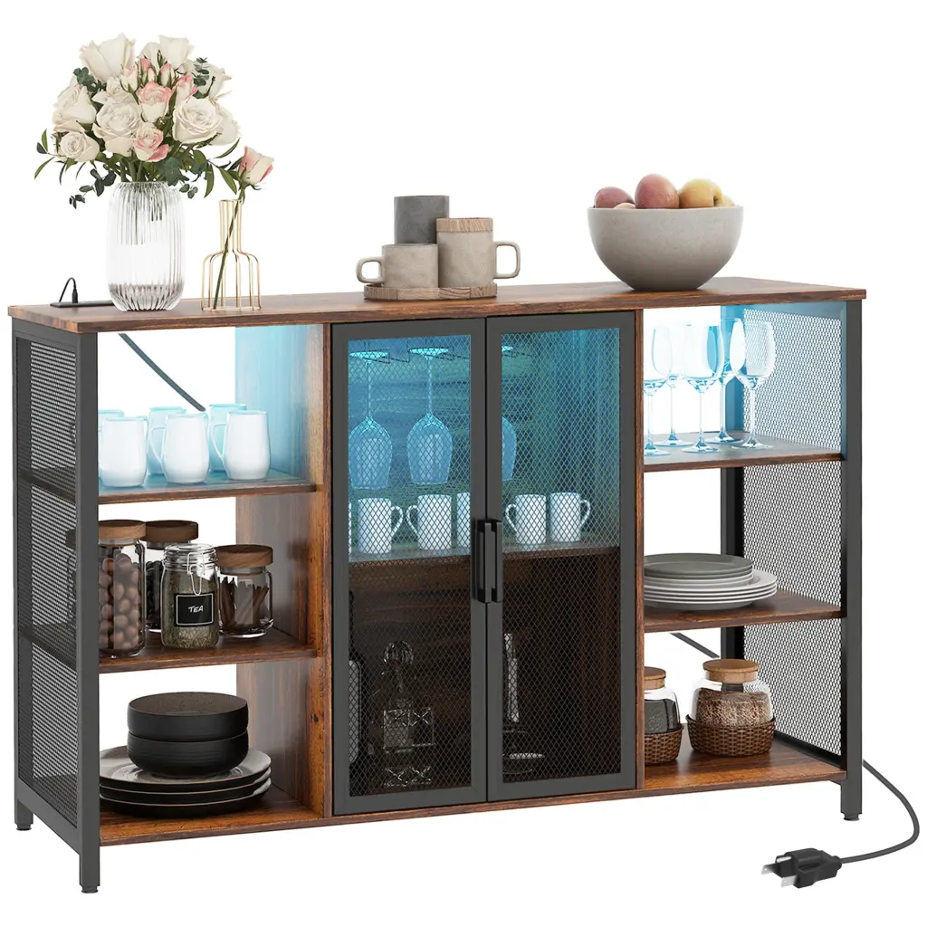 Homcom LED Wine Cabinet Charging Station and Crystal Holders Rustic Finish aosom business