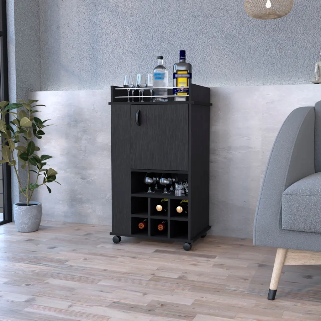 Reese Bar Shopping Basket Casters Six Wine Cubbies and Single Door treevol furniture