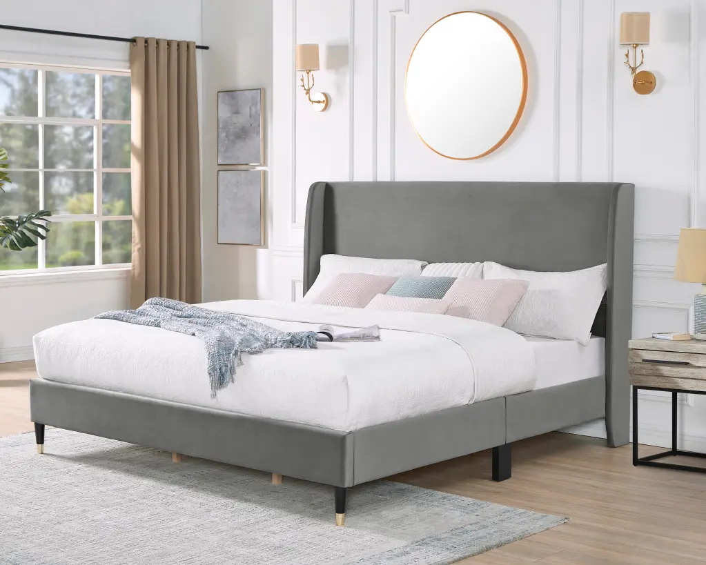 Rozitta Gray Velvet Wingback Platform Bed King Size Box Spring Not Required hz