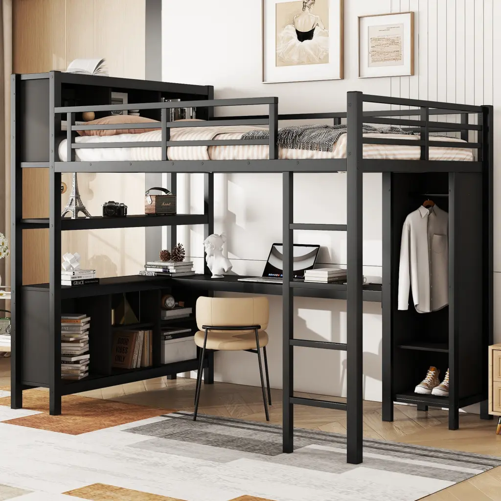 Metallic Loft Bed Wardrobe And L Shaped Desk Full Size Space Saver bonwell