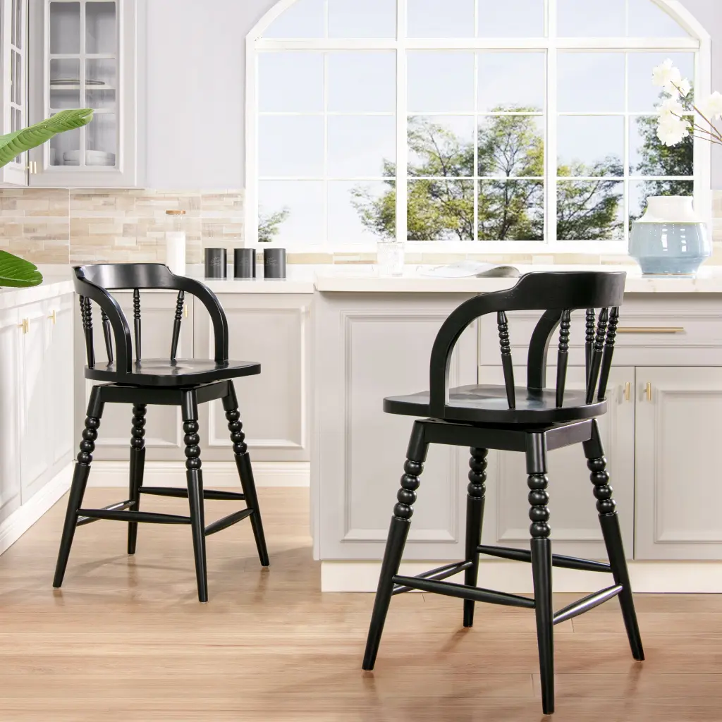 Breda 25.5 Inch Turned Bubble Spindle Low Back Wood Counter Stool Black Finish jennifer taylor home