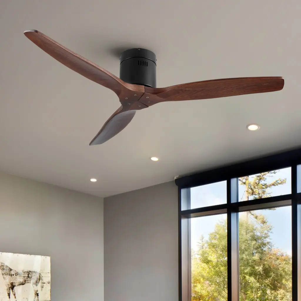 52 Inch Solid Wood Blade Low Profile Ceiling Fan Without Light Walnut Wood Finish yuhao w1367