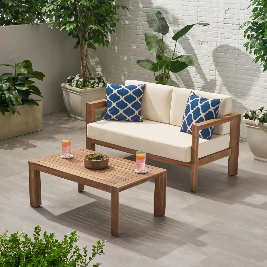 Genser Seat and Coffee Table Beige Brown Acacia Wood nh-sunfay