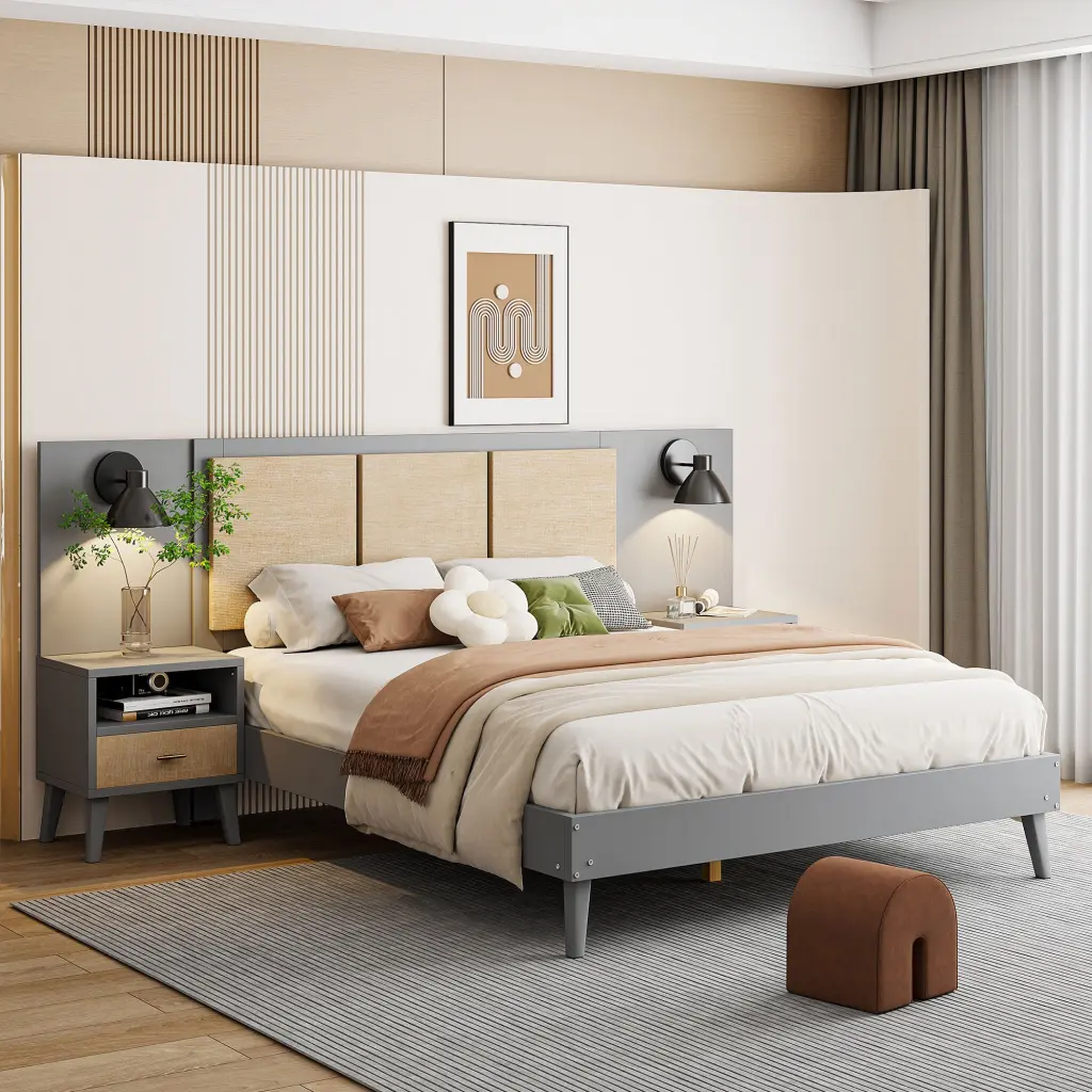 Queen Dimensions Solid Timber Bed Frame 2 Nightstands Elegant Design lucky home