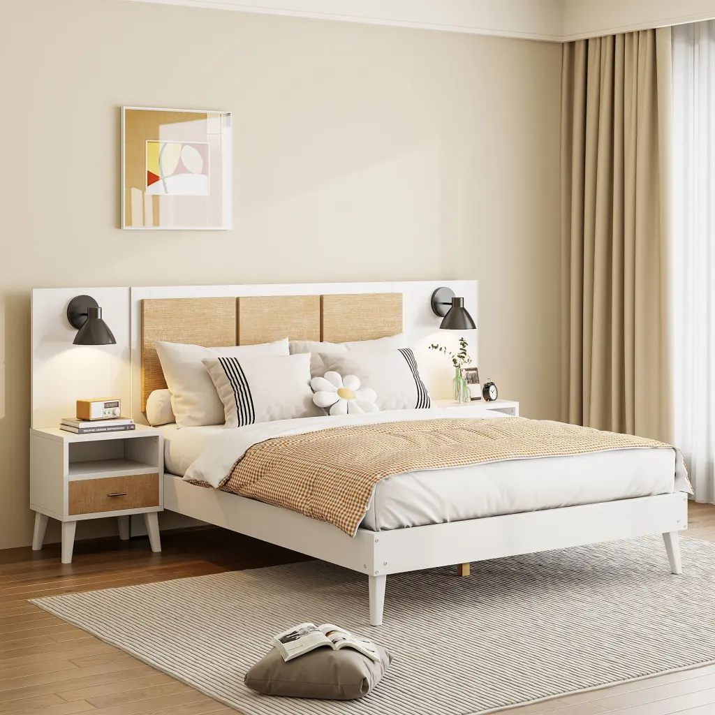 Queen Dimensions Solid Timber Bed Frame 2 Nightstands Elegant Design lucky home