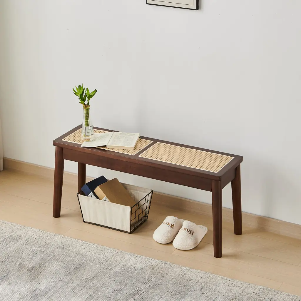 40 X 12 Inch Timber Bench Walnut Hue Hand Woven Cane Seat Solid Timber Outdoor Furniture haizhijia