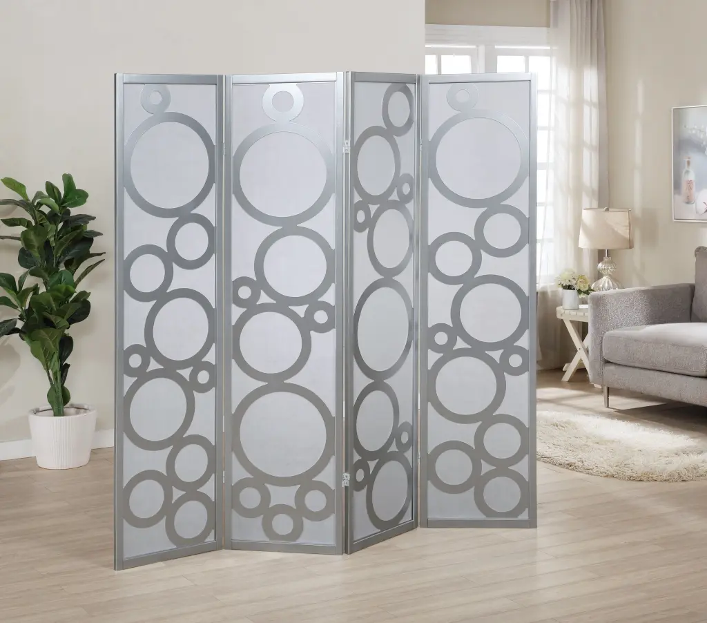 Arvada 4 Panel Timber Room Divider Circle Pattern and Shiny Metal hz