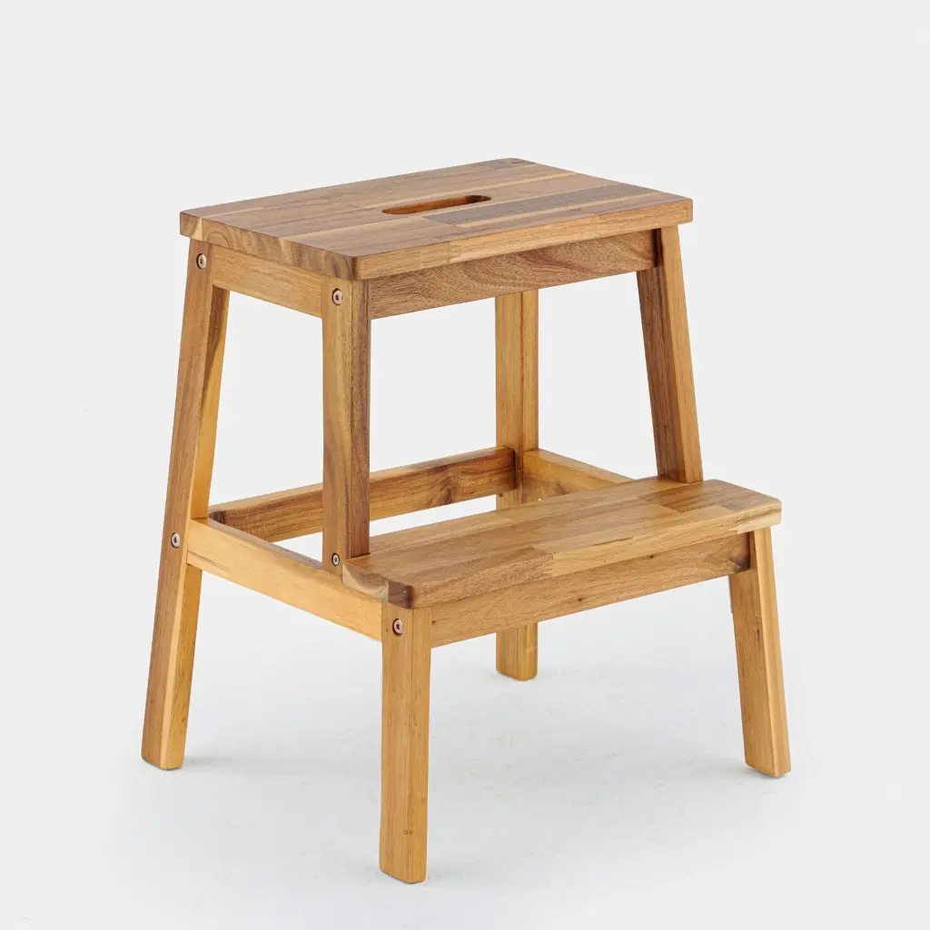 Acacia Wood Two Steps Stool Small Rectangle Light Brown Durable Step Stool beefurni