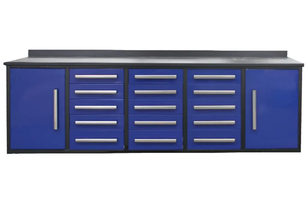 10Ft Storage Cabinet Work Bench 15 Drawers & 2 Cabinets Blue Steel chery industrial inc
