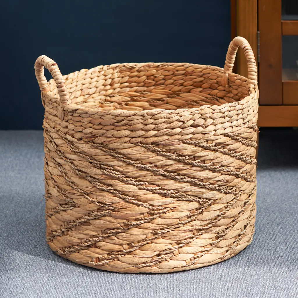 Round Water Hyacinth Seagrass Woven Basket Handles 15 Inch Storage sol