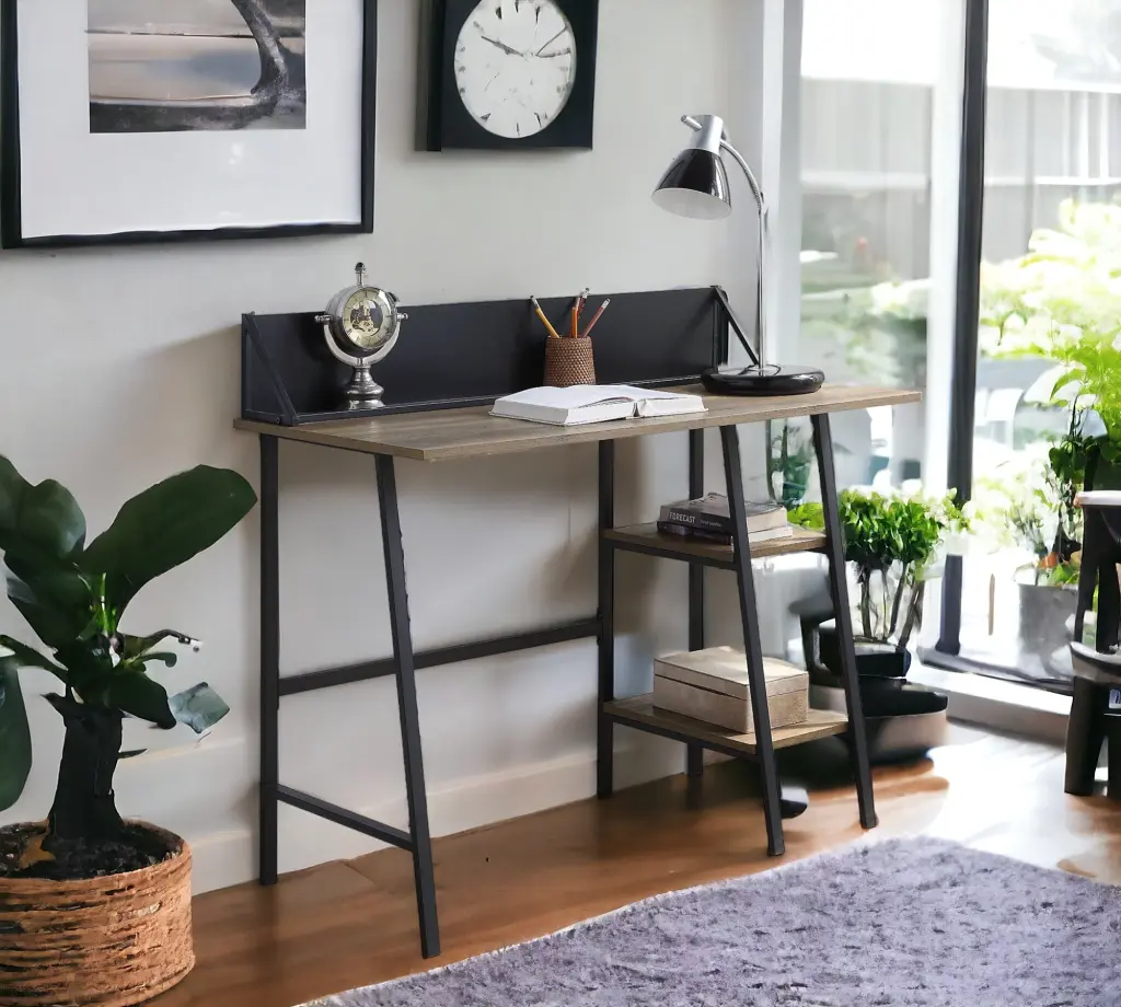 Garima Writing Desk Rustic Oak and Black Finish MDF Metallic Home Office acme onsite store