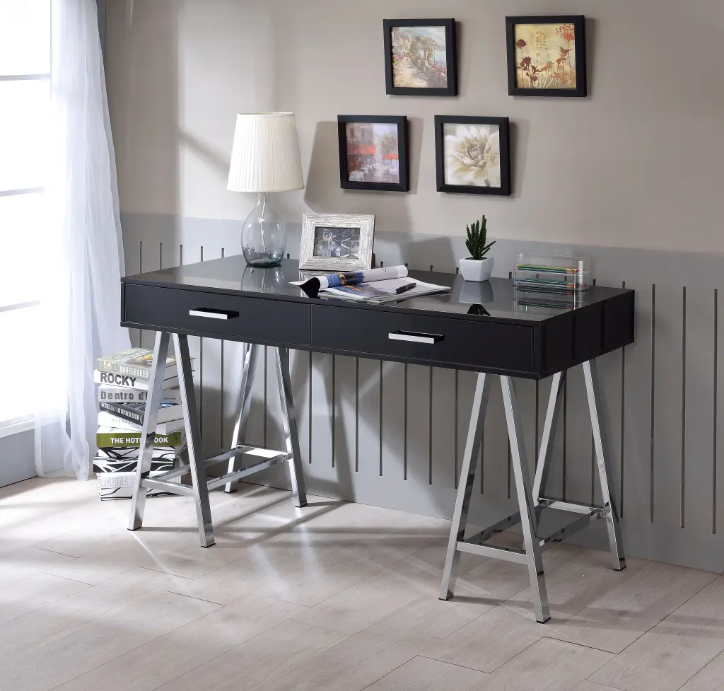 Black High Gloss and Chrome Writing Desk USB Port Shiny Metal Finish furniture max