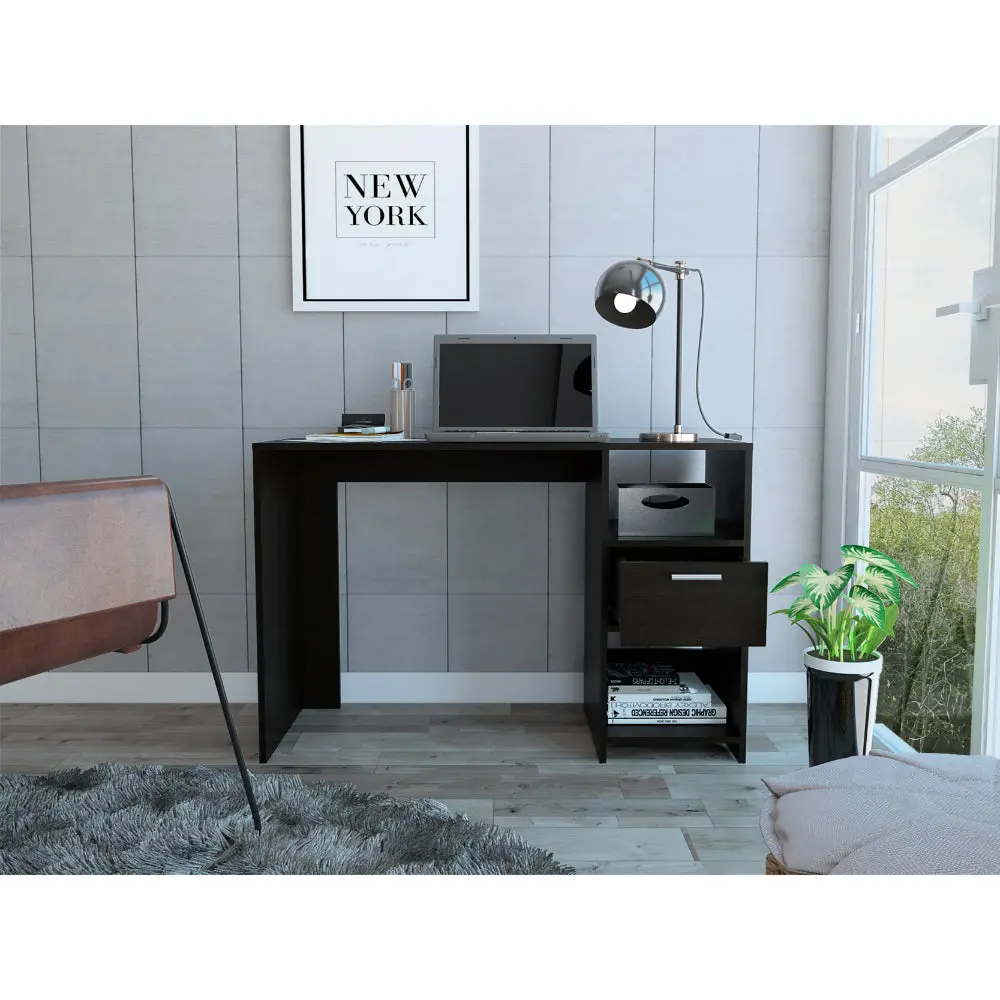 Black 2 Shelf 1 Drawer Writing Desk Black Engineered Timber Home Office Furniture furniture max