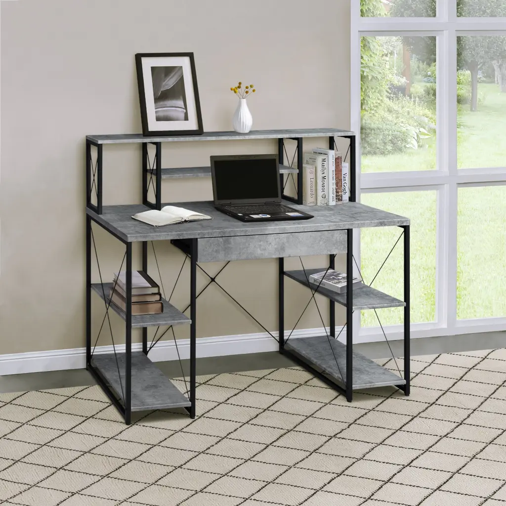 Grey And Black Stationery Desk Open Shelves And Hutch Black Grey Writing Desk furniture max