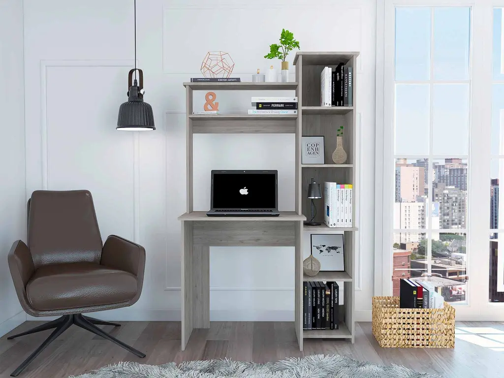 Light Grey 6 Shelf Writing Desk Built Bookcase Light Gray Particle Board furniture max