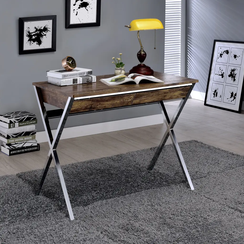 Weathered Oak And Chrome 2 Drawer Writing Desk Oak Office Desk Modern Design furniture max