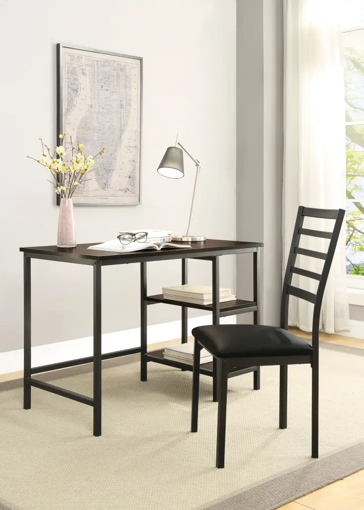 Black Finish 2 Piece Writing Desk Set Chair Industrial Style Metal kanepe
