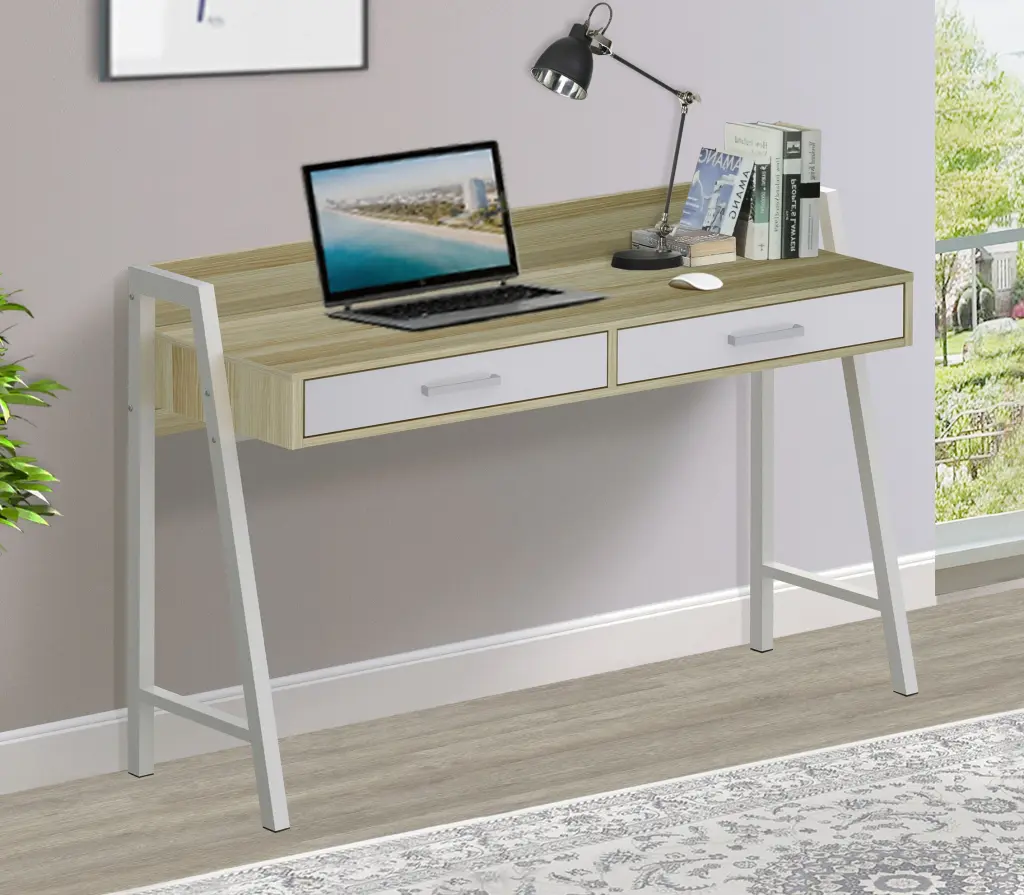 47 Inch Writing Desk 2 Drawers Polished Two Tone Nature Inspired Design singularity