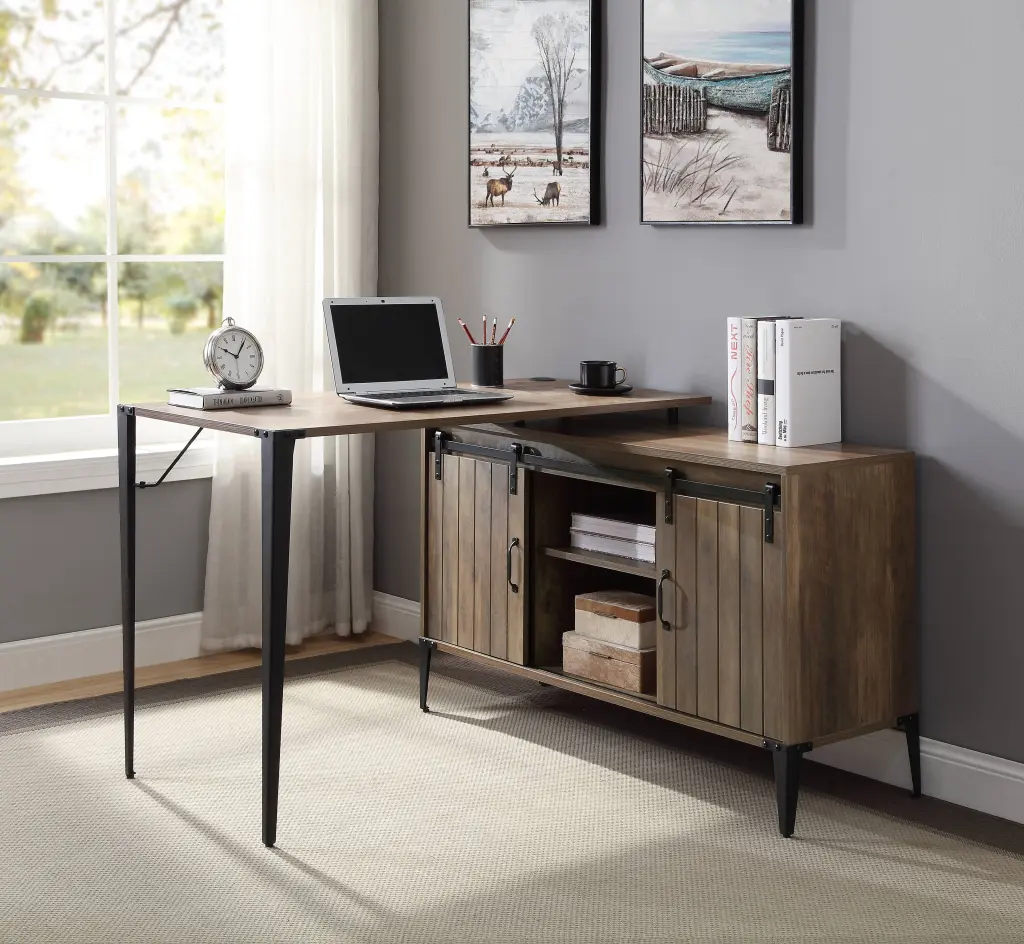 Zakwani 48 Inch Gray Oak Black Finish Writing Desk Synthetic Timber Modern Office Furniture urban nest